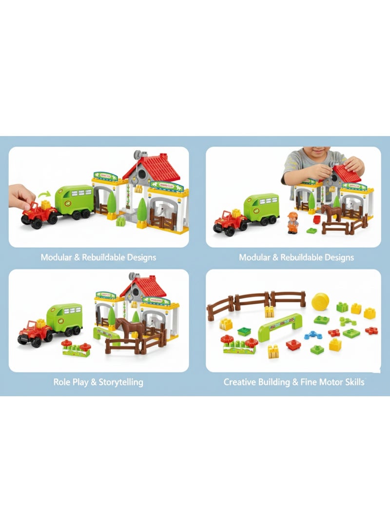 توي لاند مجموعة مكعبات بناء مزرعة الخيول - 85 قطعة، لعبة إسطبل مزرعة مع حصان، وشخصية مزارع، وشاحنة، وملحقات للأطفال من عمر 3 سنوات فما فوق، مكعبات بناء ملونة للأطفال الصغار - Image 3